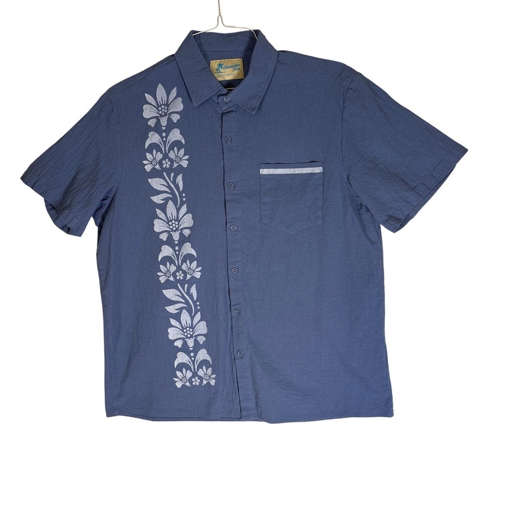 Hawaiian Shirts Mens Large Blue Short Sleeve Floral Graphic Button Down Shirt